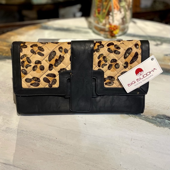 Big Buddha Clutch Purse Black Leather & Leopard Print Splash Bronze Link Strap - Picture 2 of 10